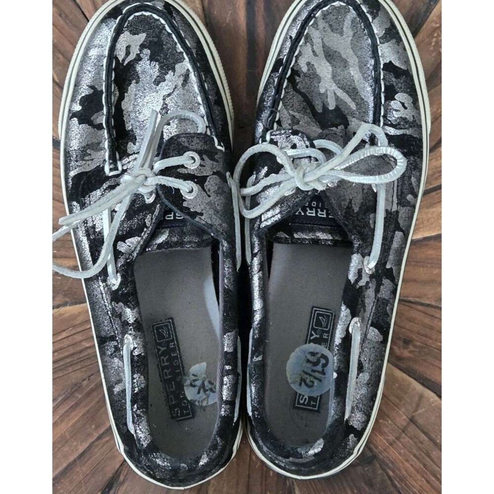 Sperry Top-Sider Women's Leather Camo Lace-Up Boat Shoes Black/Gray Sz 6.5
